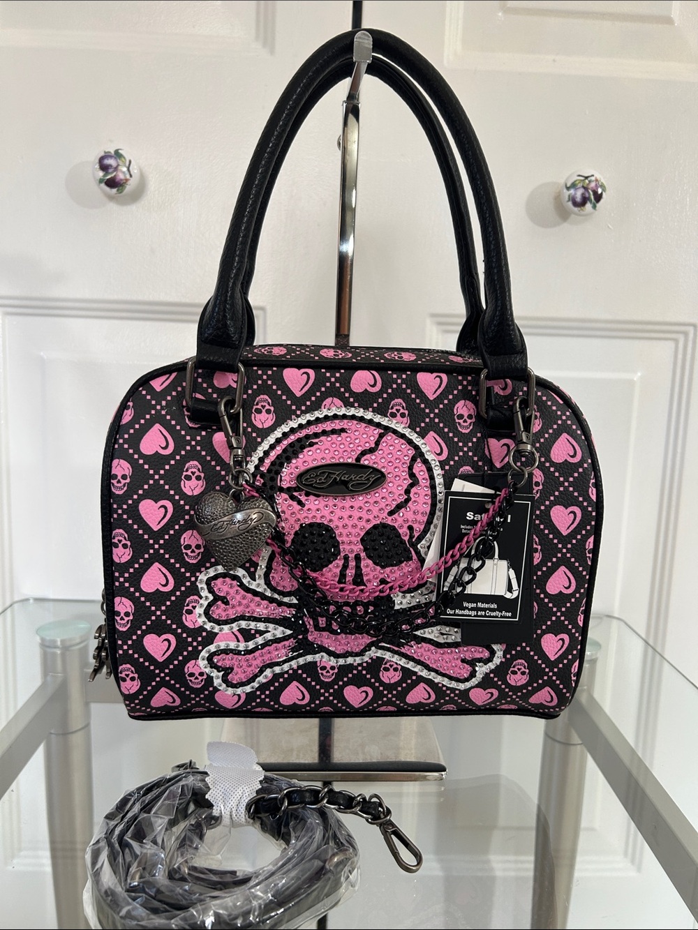 Ed Hardy Black & Pink Skull Heart Satchel with Charm